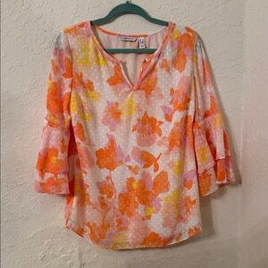 Isaac Mizrahi Orange & Pink Floral Split-Neck Blouse